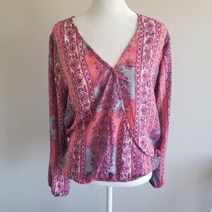 NEW Karma Highway Blouse Top Wrapover Front Soft Silky Pink Long Sleeve One Size